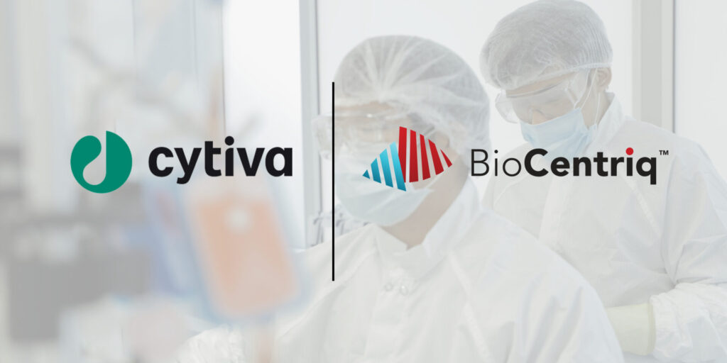 Cytiva and BioCentriq logos together over background of two people working in a clean room